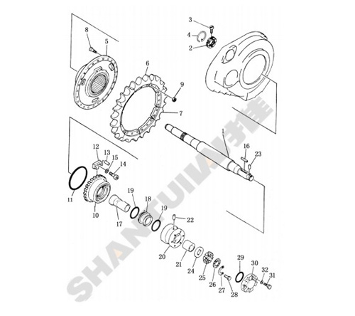 Shantui SD22 Bulldozer Sprocket and Shaft Part Numbers and Structural Diagram